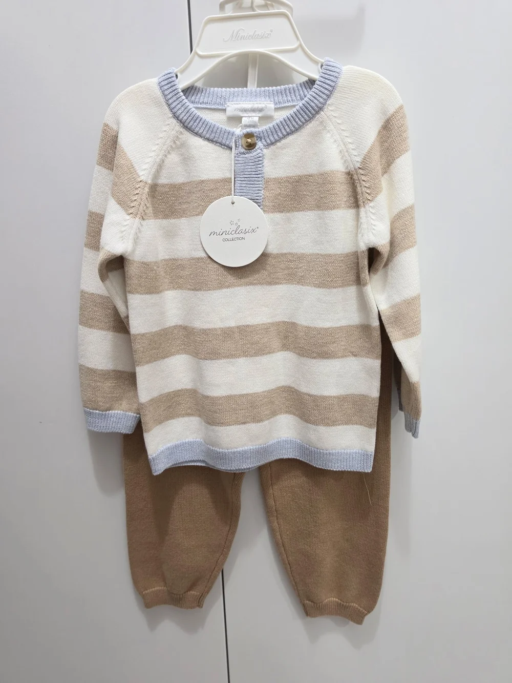 Striped Beige & White Kids Matching Set with Blue Trim